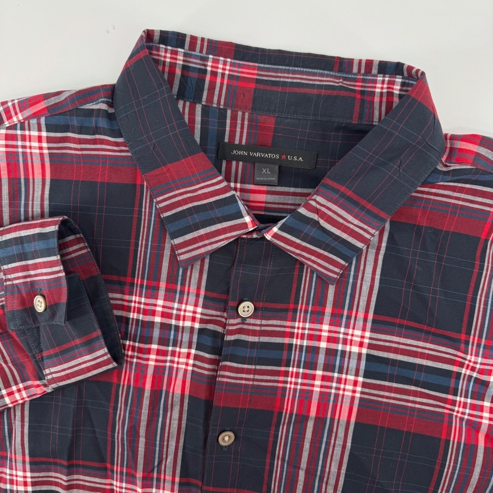 John Varvatos USA Button Down Men XL Red Navy Blue Plaid Cotton W503R4B